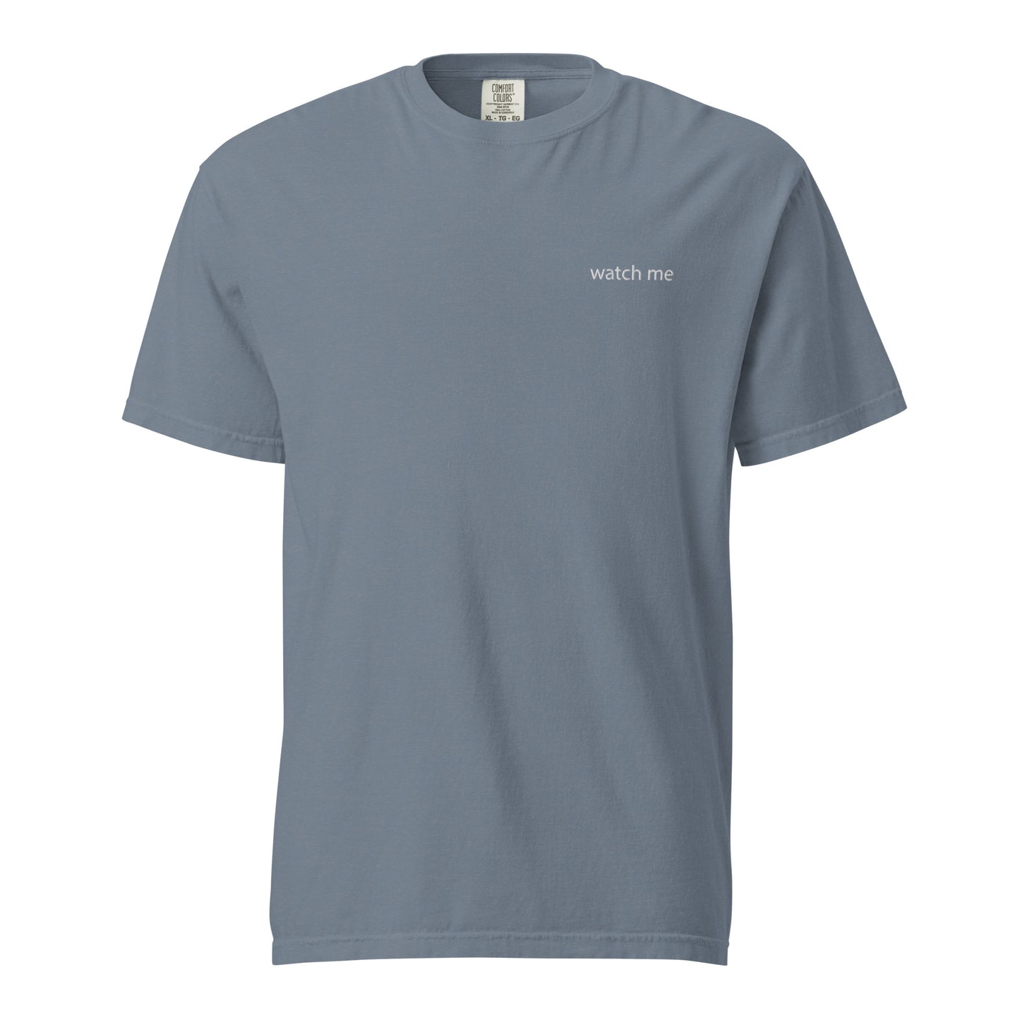 Product mockup blue shirt white embroidery on left chest watch me