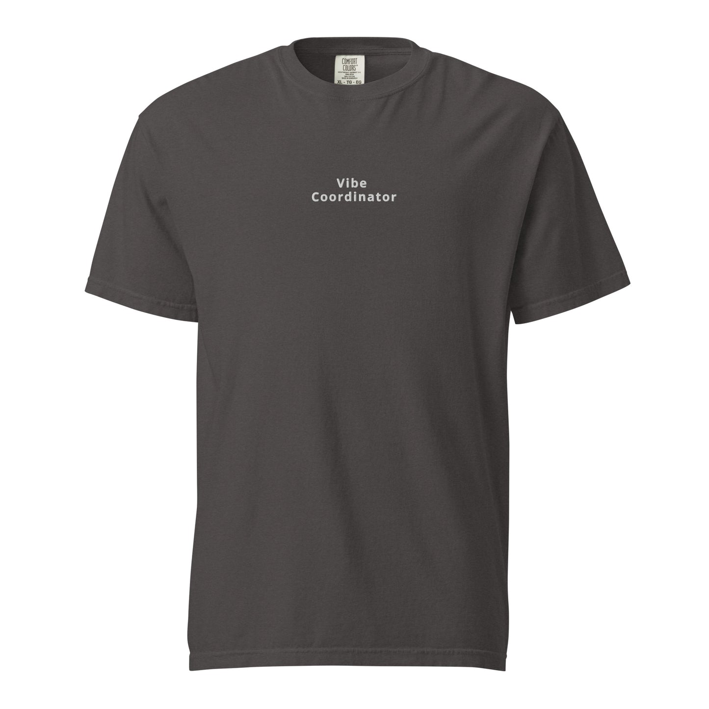 Product mockup with grey shirt and white words saying vibe coordinator on white background