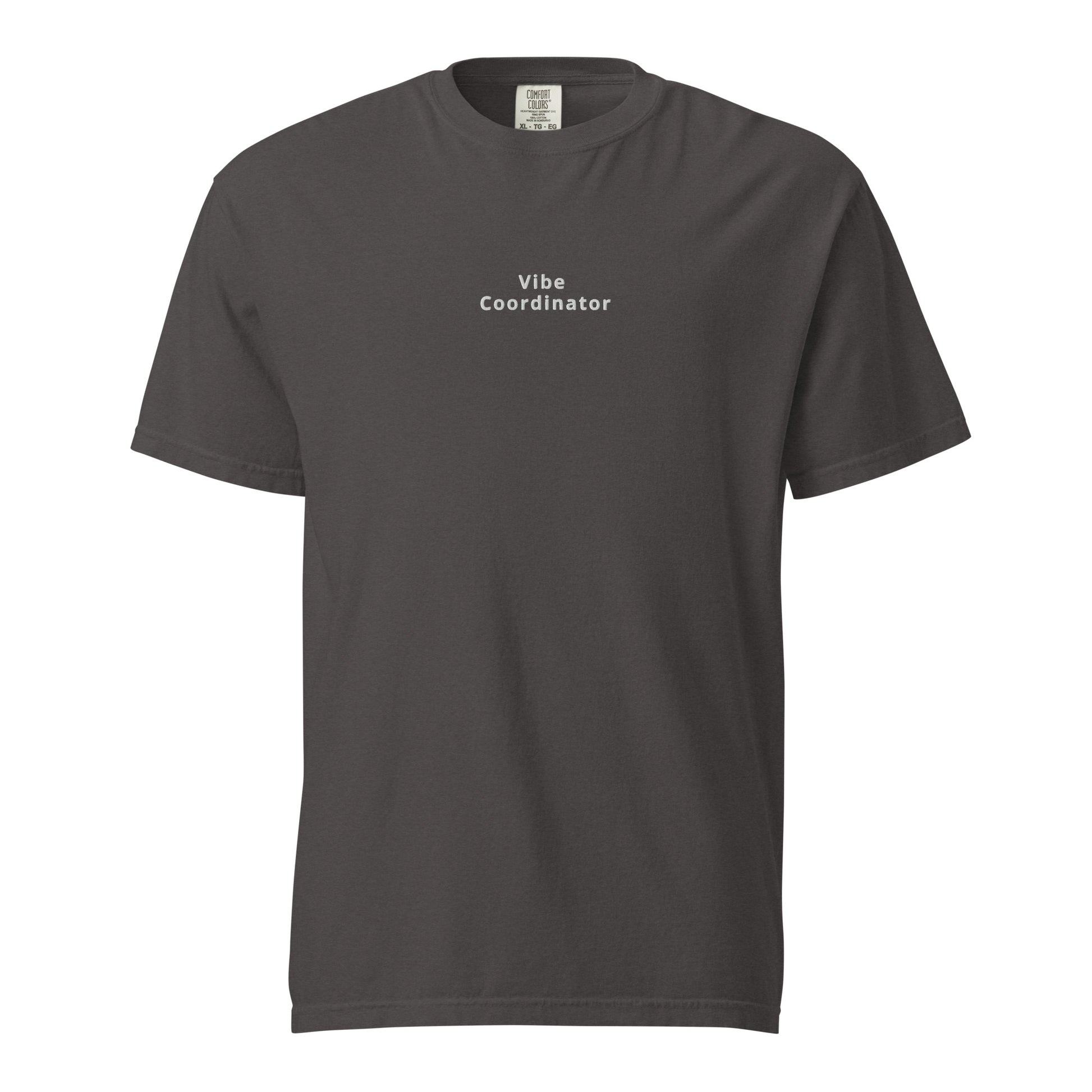 Product mockup with grey shirt and white words saying vibe coordinator on white background