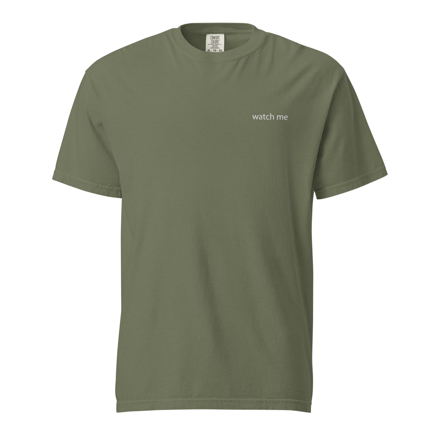 Product mockup with words watch me on left chest in white with white background